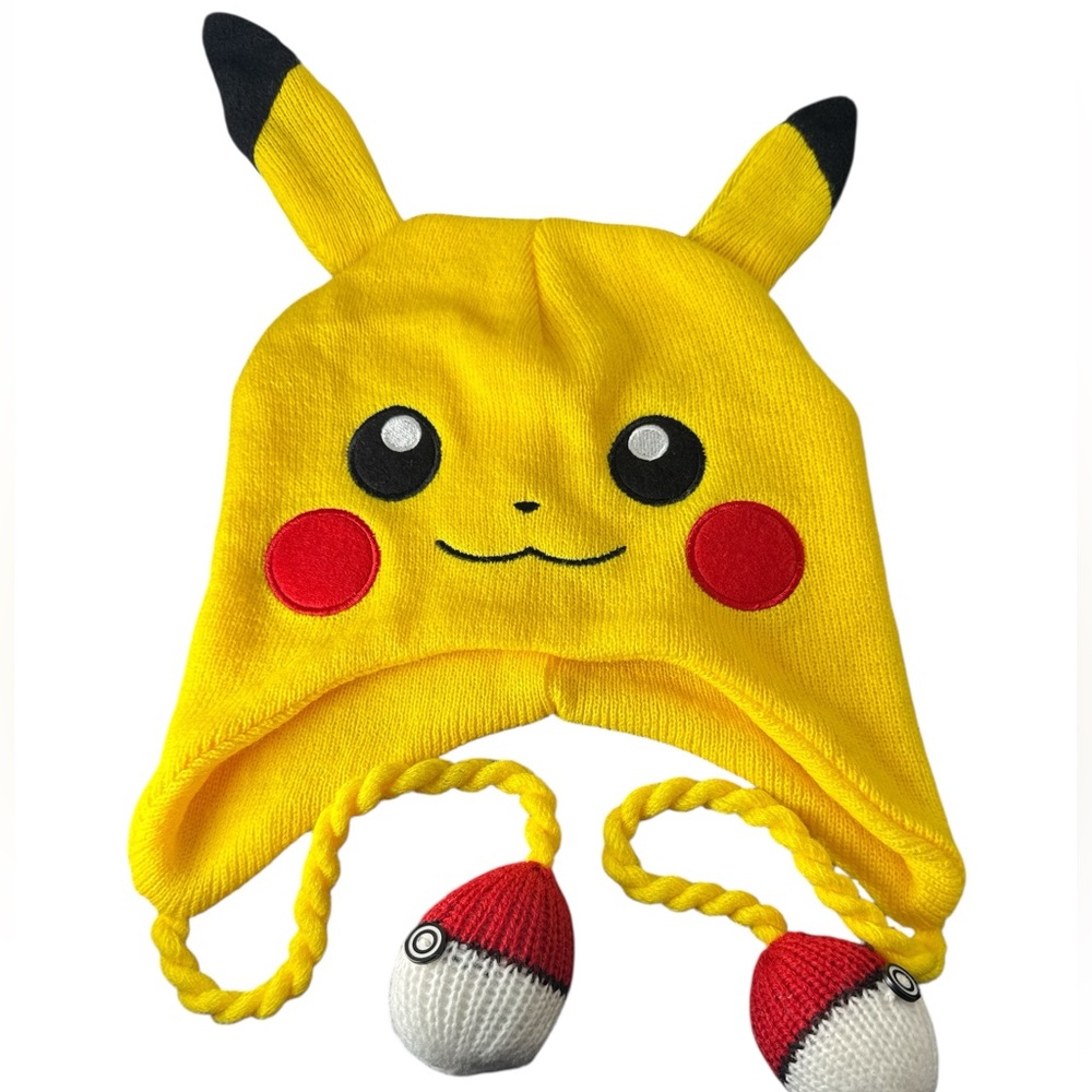 Pokemon Yellow Pikachu Pokeball Knitted With Ears Beanie Hat Winter Cap